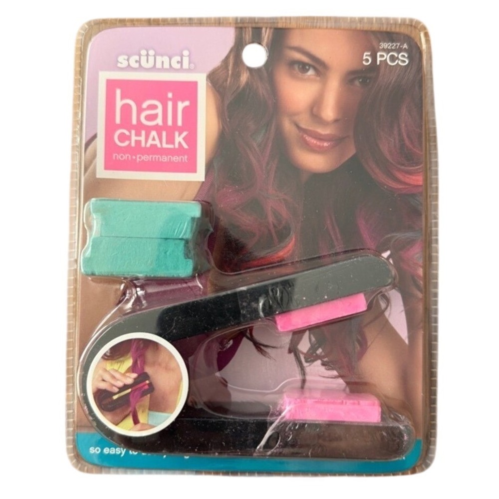 Scunci Hair Chalk Set 5pc Non Permanent Color Kit Pink Teal Clip Tool